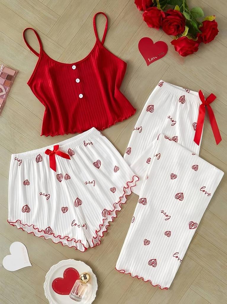 Pure Desire Love Print Summer Three-piece Set Sweet Suspenders Women's Loungewear Pajamas Women