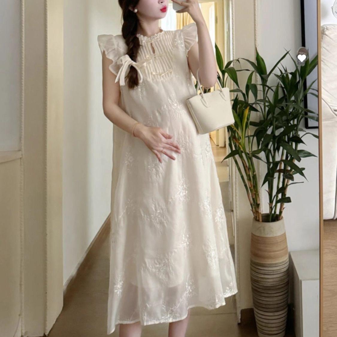 

Summer Maternity Dress: Embroidered Loose Mid-length with Flying Sleeves in New Chinese National Style M