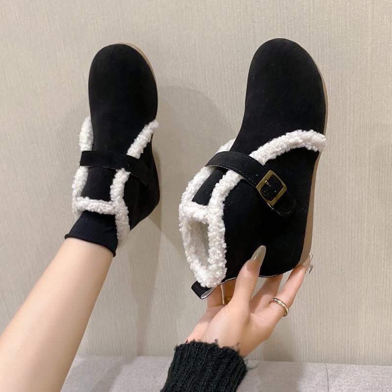 Fashion Winter Ankle Cotton Shoes Women's Casual Short Boots Fleece Warm Snow Boots Fluffy Shoes Flat Bottom Belt Buckle Lapolaka 2025