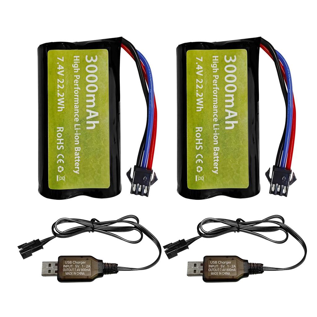 2PCS 7.4V 3000mAh 15C 2S Li-ion Battery with SM-3P Plug and USB Charging Cable for DE43, DE60, 9500E, Huina 1575 Remote Control Engineering Car, and