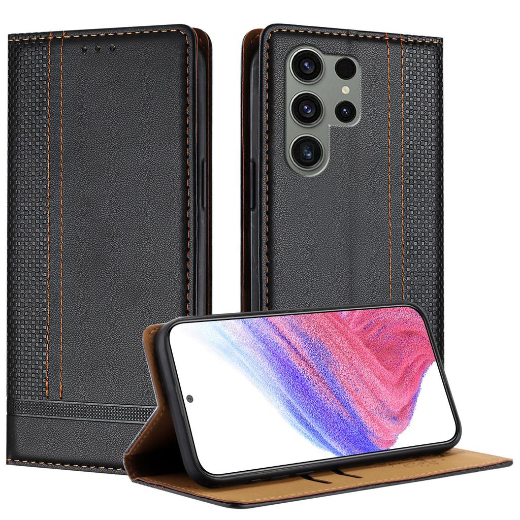 For Samsung Galaxy S23 Ultra Case L-Shaped Grid Pattern Leather Stand Phone Cover with Card Slots