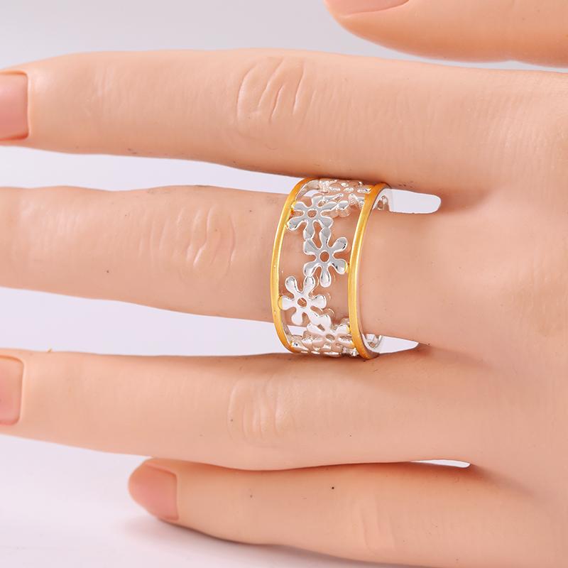 Ethnic Hand Carved Flower Women's Ring Two Color Metal Hollow Geometry Daily Wear Party Jewelry Anniversary Gift