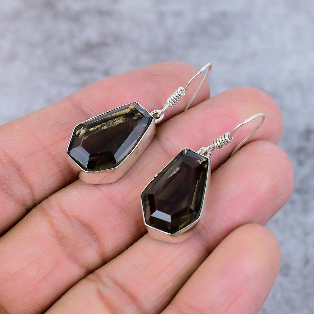 Smoky Topaz Gemstone Handmade 925 Sterling Silver Jewelry Earring 1.58" M-363