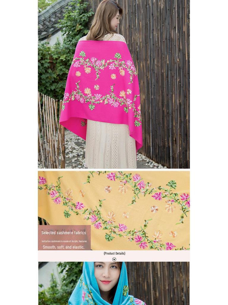 Yunnan Lijiang Women's Ethnic Embroidered Black Tassel Shawl, Thick and Warm, Imitation Cashmere, Oversized for Autumn and Winter