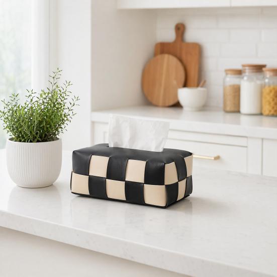 Checkered Tissue Box, with Flip-Open Top, PU Leather Tissue Holder, Stain-Proof Facial Tissue Dispenser, for Bathroom Car Bedroom