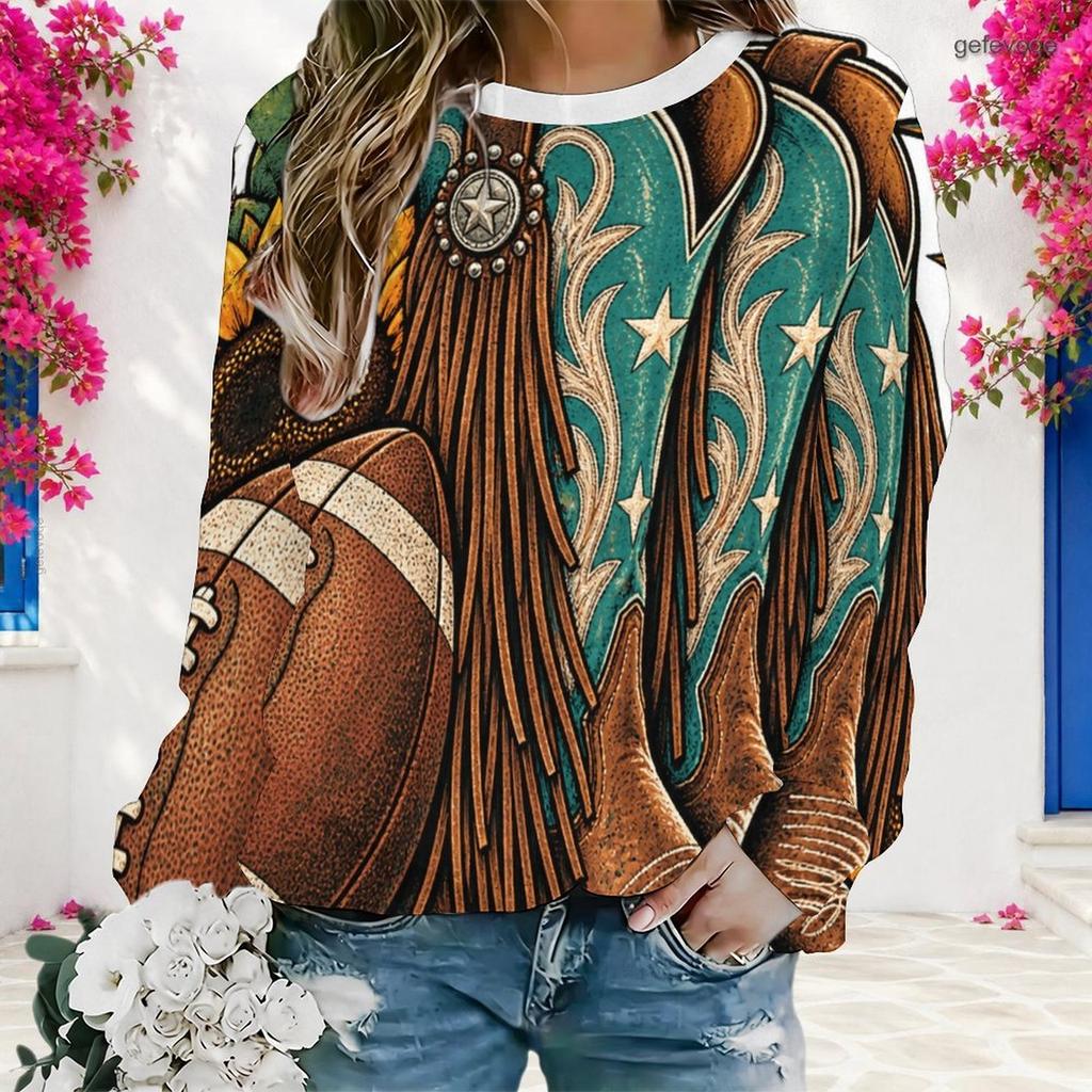 Women Plus Size Round Neck Long Sleeve Cowboy Hat Football Sunflower Print Sweatshirt Ribbed Cuffs Pullover
