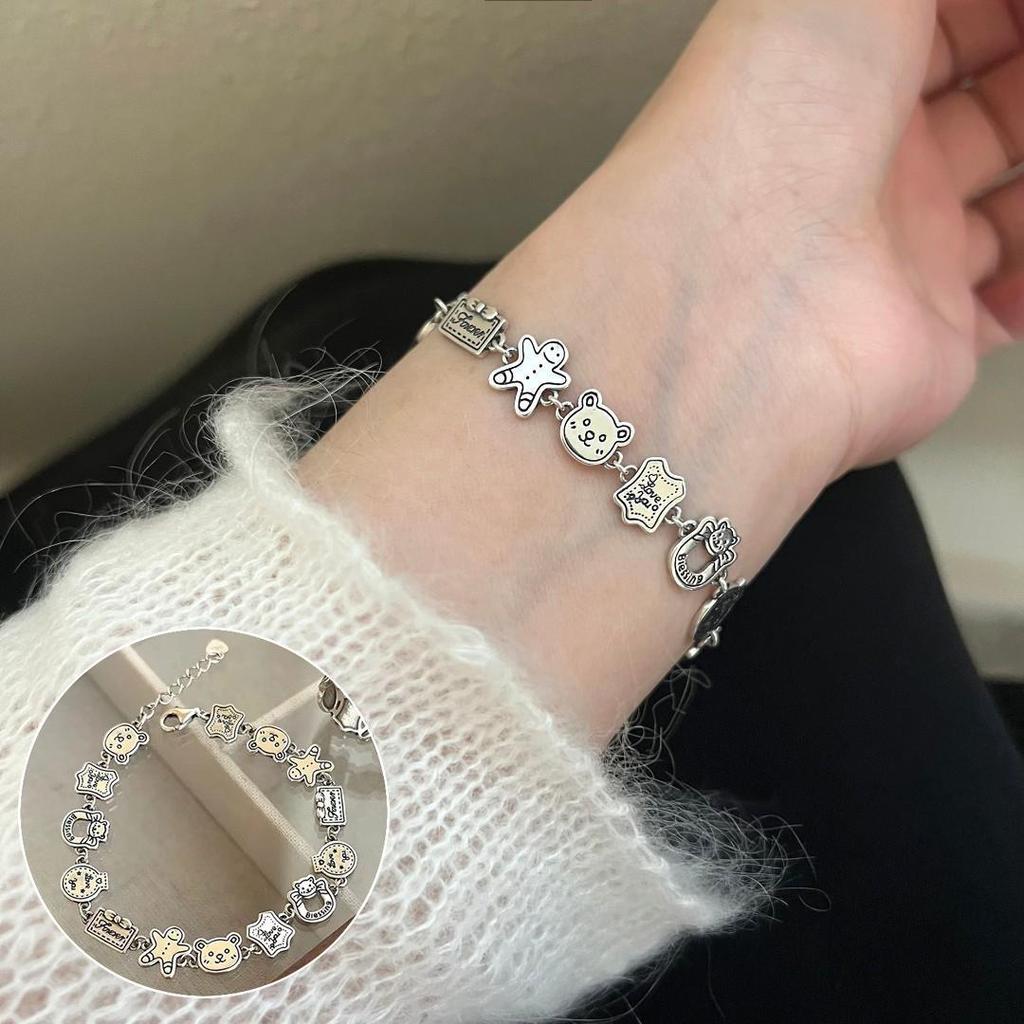 Korean Style S925 Silver Plated Retro Graffiti Patchwork Bangle - Women's Hip Hop Fashion Trend Bracelet