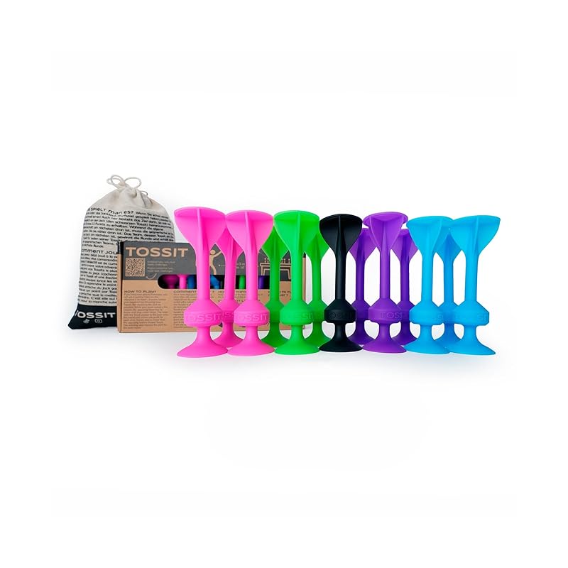 

TOSSIT game set - Indoor, outdoor sucker throwing party game family friendly friend pack 4 colors pink light blue purple green Fun and portable!
