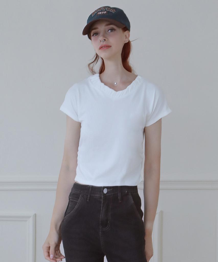 Keulleiseu Shirred V-Neck Short Sleeve T-Shirt_White