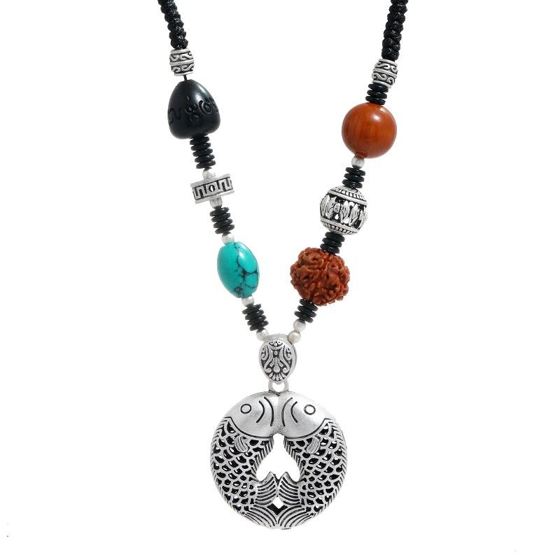 Retro imitation silver jewelry short collarbone chain women's Tibetan silver beeswax necklace sweater chain cotton and linen accessories pendant