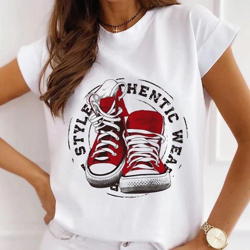 

Korean Fashion Canvas Shoes Letter Graphic Print Women T-Shirt Summer Blouses Loose White O-Neck Short Sleeve Tops Goth Y2K Tees XXXL білий