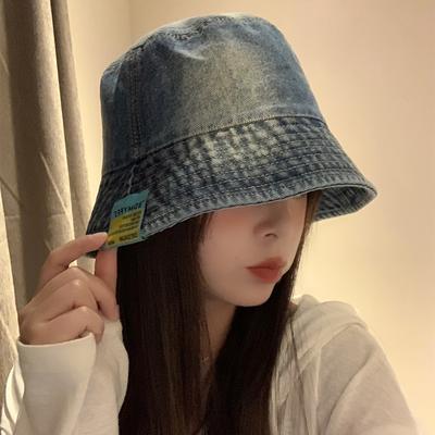 Retro Denim Fisherman Hat Women's Large Brim Sun Protection Bucket Hat Easiest for Match Large Head Circumference Face Small Basin Hat Men