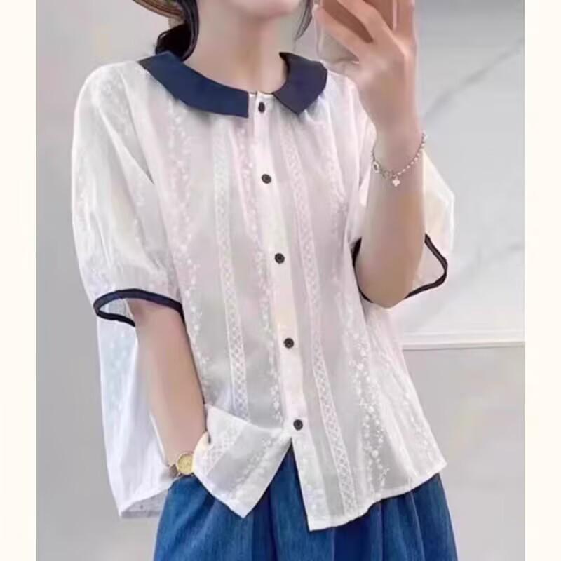 

Женская блузка с коротким рукавом, кружевным жаккардом и воротником Питер Пэн - 2025 Летняя мода, стройнящая фигуру Medium белый