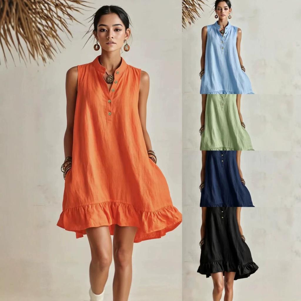 Summer New Style Loose-fitting Fashionable Casual Ruffled Buttoned Dress for Women