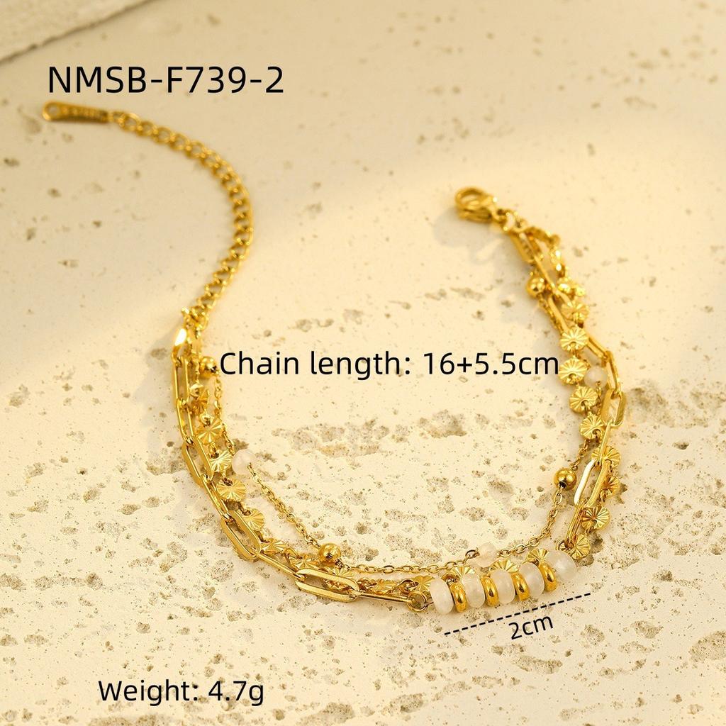 GEMCHIC Women's 18K Gold Plated Stainless Steel Natural Stone Freshwater Pearl Design Geometric Handmade Bracelet