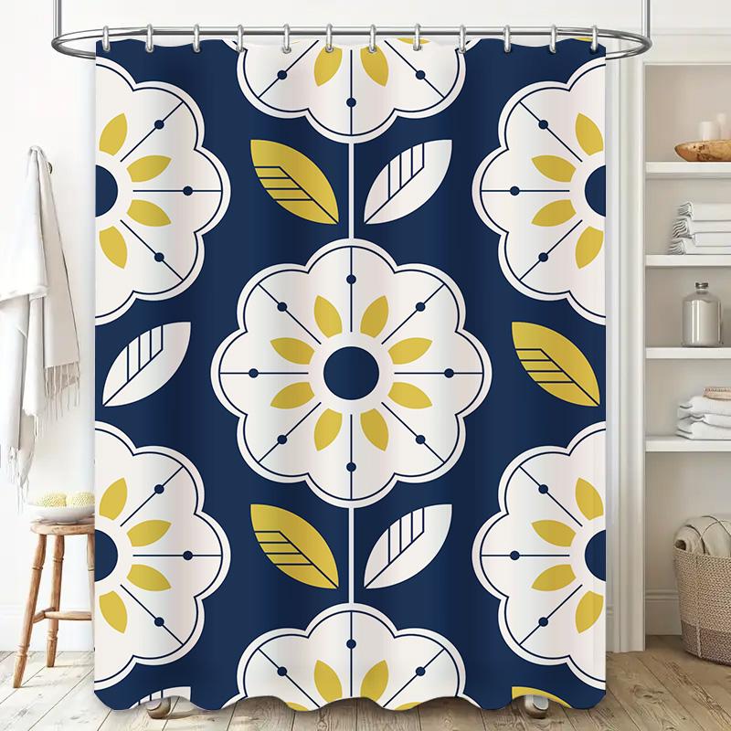 Modern Floral Shower Curtain with Sunflower Design Navy Blue and Yellow Bathroom Decor for Home Use