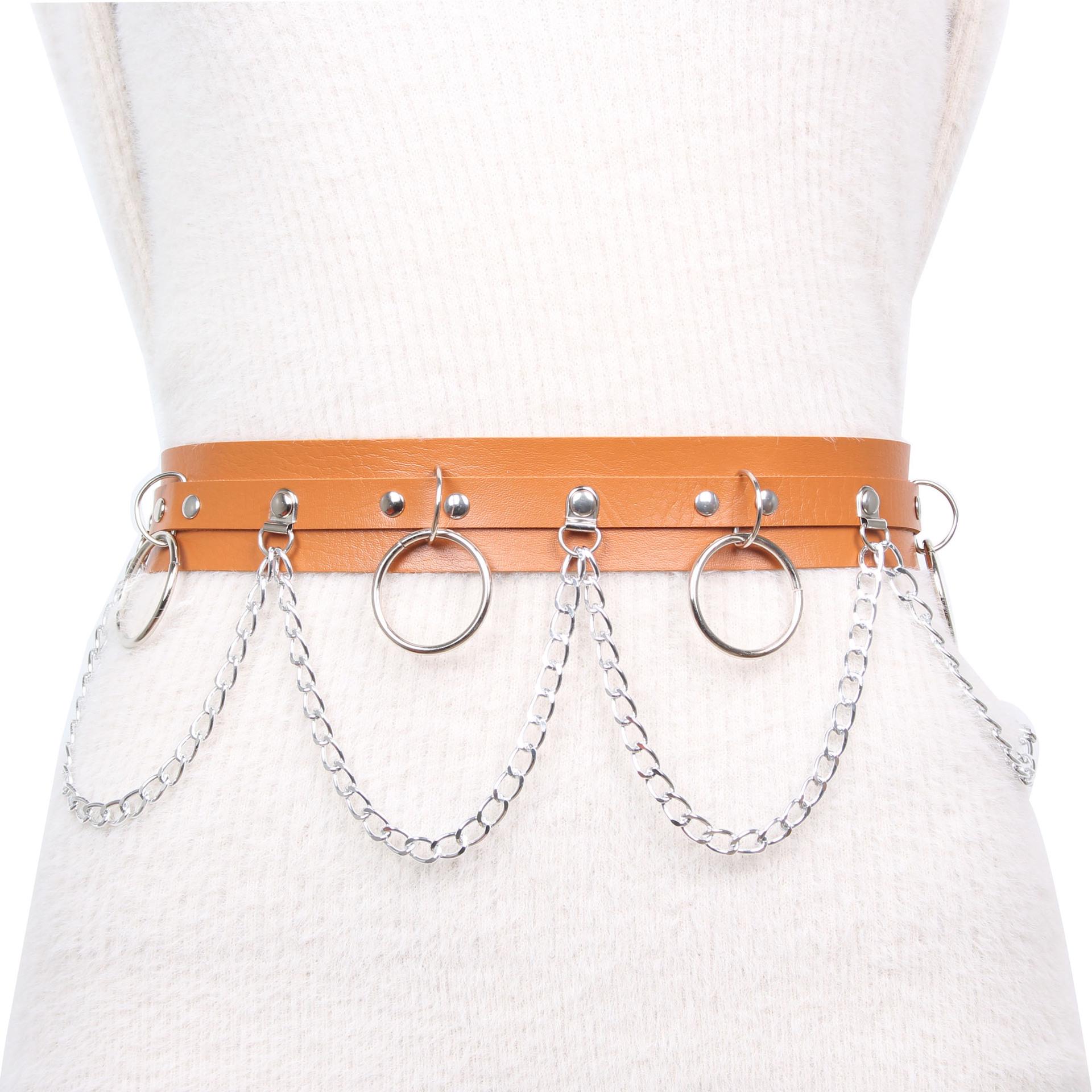 Exaggerated Punk Leather Chain Rivet Waist Belt светло-коричневого