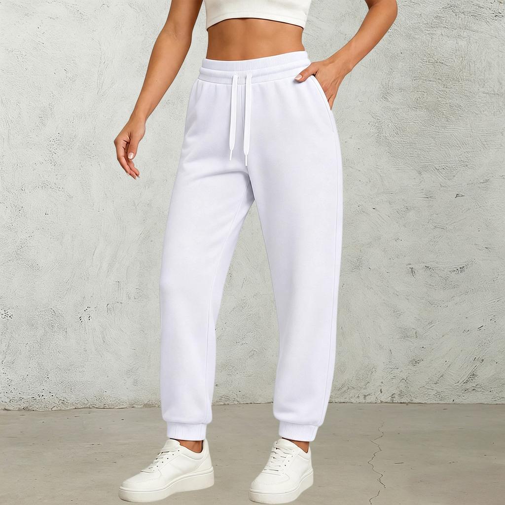 Modische Damen-Hose mit geradem Bein in Farbe, mit hohem Bund, Tunnelzug, Taschen und elastischem Bund, Freizeit-Hose
