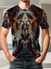 Men's Polyester T-Shirt with Dark Occult Goat Pentagram Print, Gothic Style Short Sleeve Top, Mystical Horned Deity & Ritual Scene Graphic Tee,