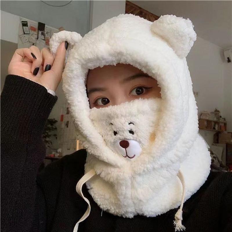 Women Cartoon Lamb Ear Beanie Hat with Mask Winter Warm Thickened Ear Neck Protection Cap Scarf One Pieces