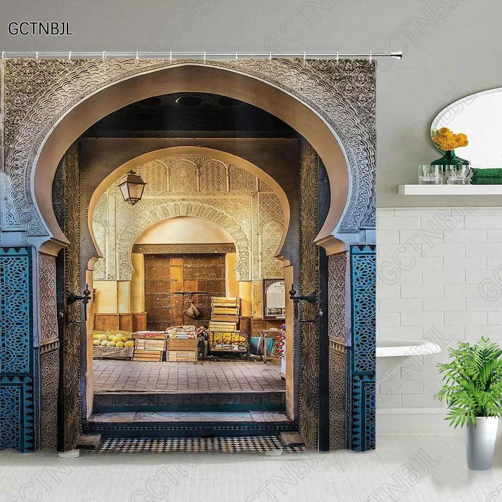 Retro Holz Türen Duschvorhang Set Rustikal Alt Vintage Scheunentor Stoff Badezimmervorhänge Bauernhaus Baddeko Badwände Haken