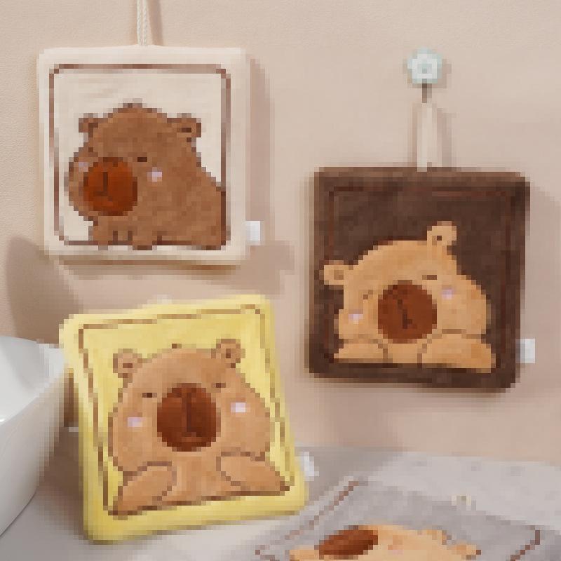 Kapibara Cute Cartoon Hanging Hand Towel Coral Fleece Thickened Hand Towel Kitchen Bathroom Absorbent Handkerchief