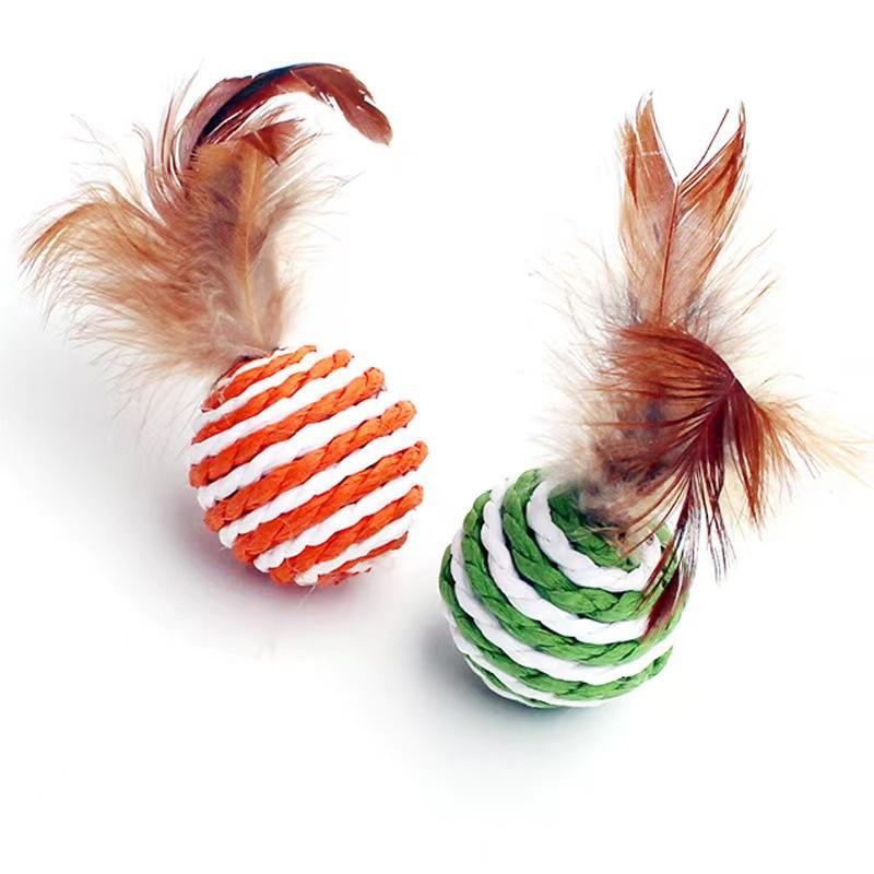 2pcs Cat Toy Pet Rattan Ball Cat Toy Funny Faux Feather Cat Bell Ball Kitten Playing Interactive Ball Toys Pet Supplies