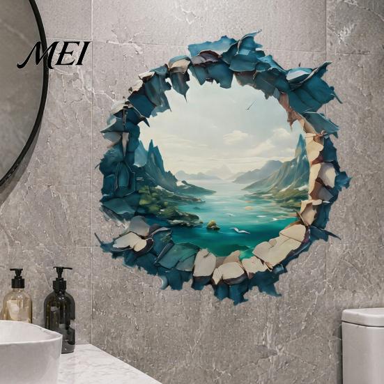 Creative Wall Breaking Effect 3D Mountain & River Landscape Sticker, PVC Waterproof Mural, Peel And Mural for Glass Windows Stick Decals Living