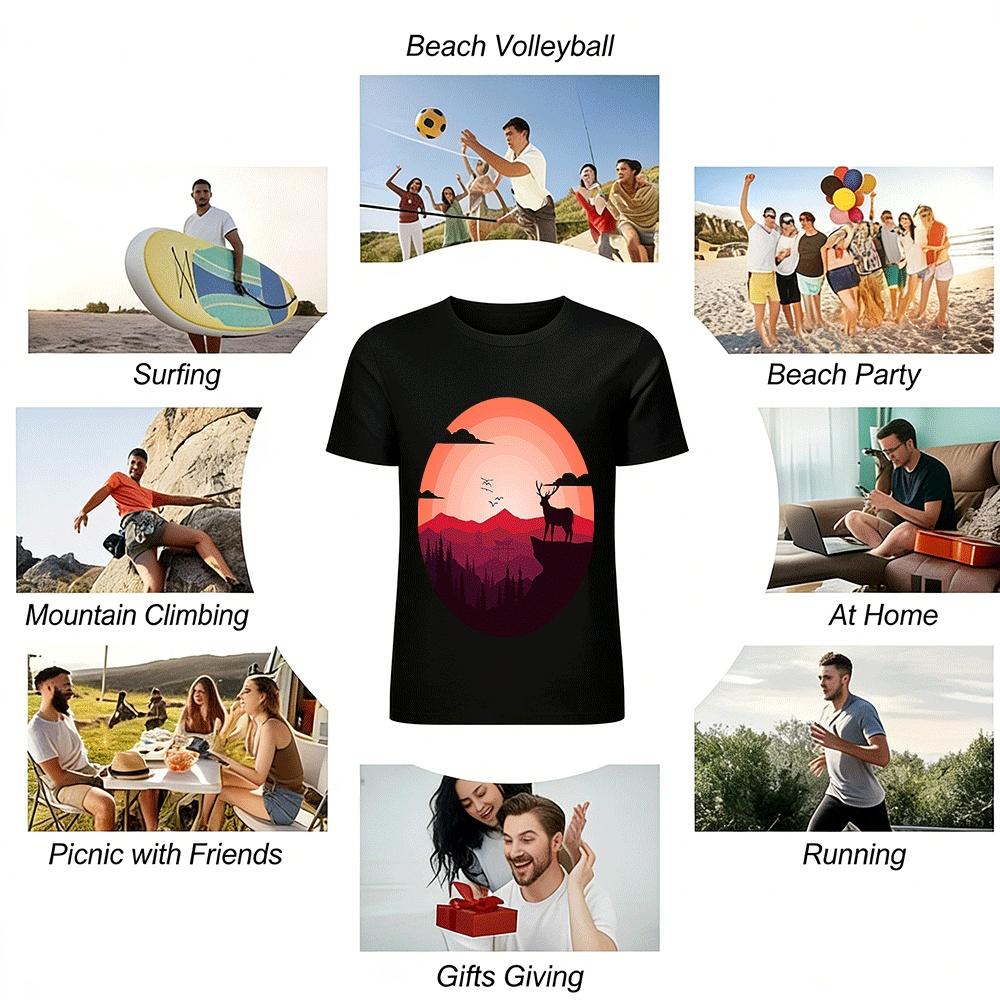 Sunset Deer Cliff Chinese Landscape Print Casual T-Shirt Pure Cotton T-shirt