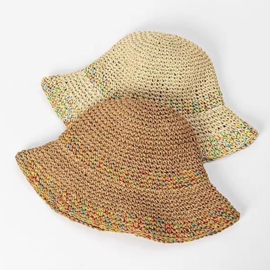 Chapéu de Pescador Cor Arco-Íris Misturada Palha Artesanal Vazado Respirável Proteção Solar Facial Completa Aba Larga Dobrável Portátil Chapéu de Férias