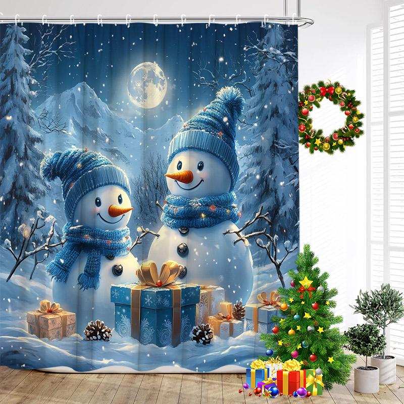 Cute Blue Snowman Shower Curtains Winter Forest Cedar Snow Mountain New Year Christmas Home Bathroom Curtain Decor With Hooks