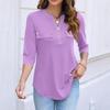 Women's Casual Fashion Polo Collar Half Zip Three Quarter Sleeve Top with Faux Pockets Relaxed Fit Lightweight Blouse