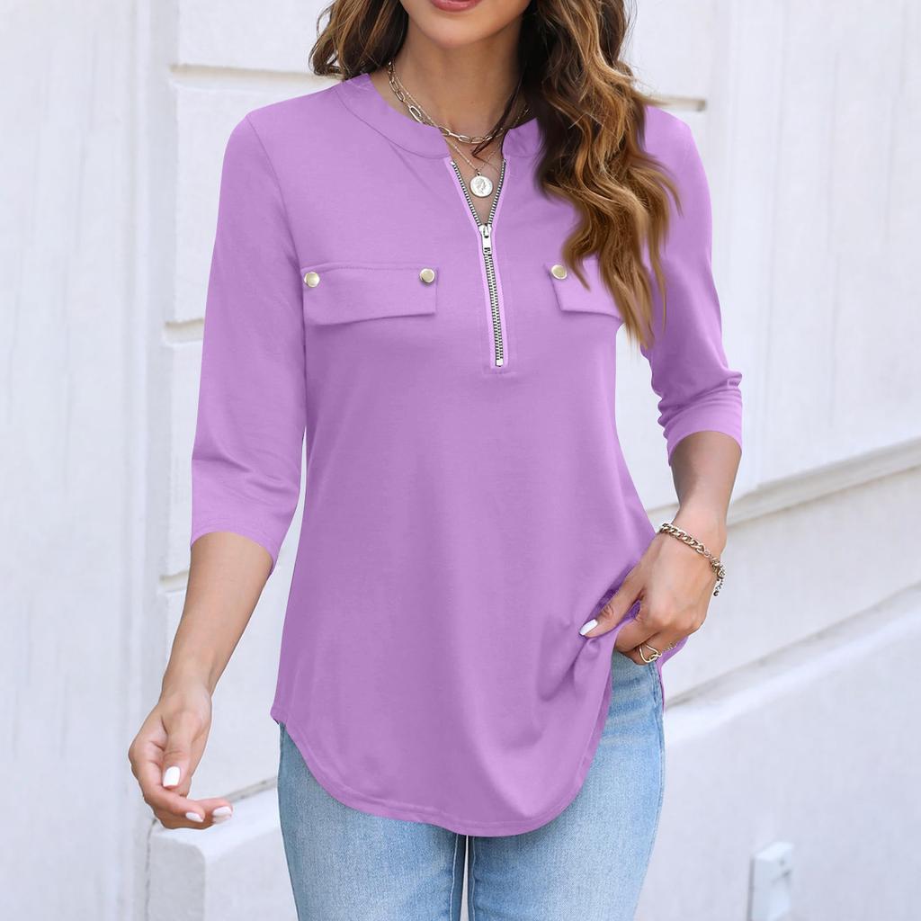 Women's Casual Fashion Polo Collar Half Zip Three Quarter Sleeve Top with Faux Pockets Relaxed Fit Lightweight Blouse
