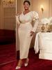 Plus Size Elegant Light Purple Jacquard Puff Sleeve Long Formal Dress.