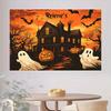 1 Halloween haunted house background cloth - pumpkin ghost bat and haunted house theme Halloween party durable polyester
