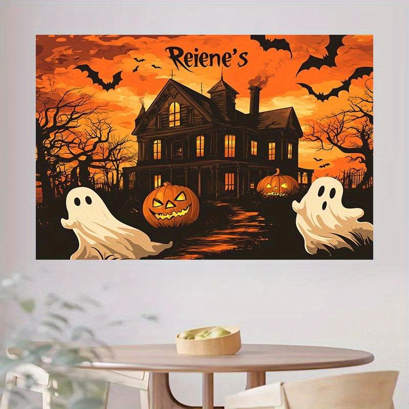 1 Halloween haunted house background cloth - pumpkin ghost bat and haunted house theme Halloween party durable polyester