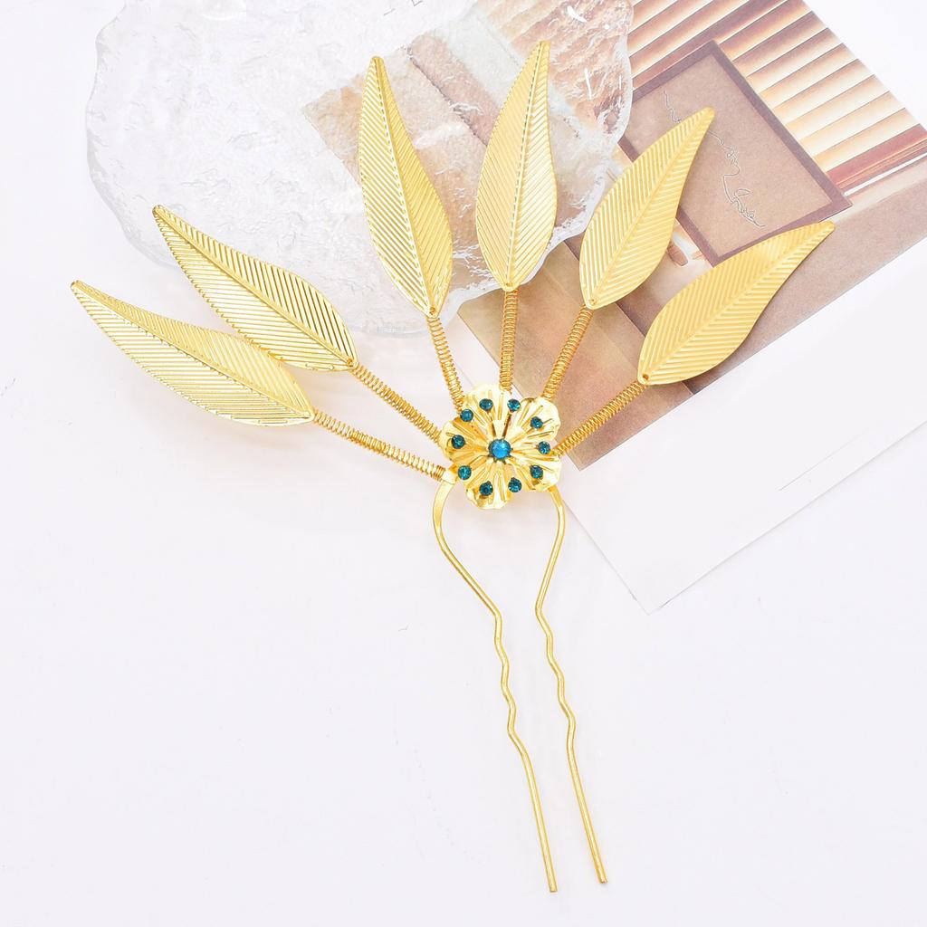 Elegant Peacock Leaf Hairpin Alloy Rhinestone Hair Stick Thai Ethnic Hair Ornament Hairpieces Leaf Hair Accessory
