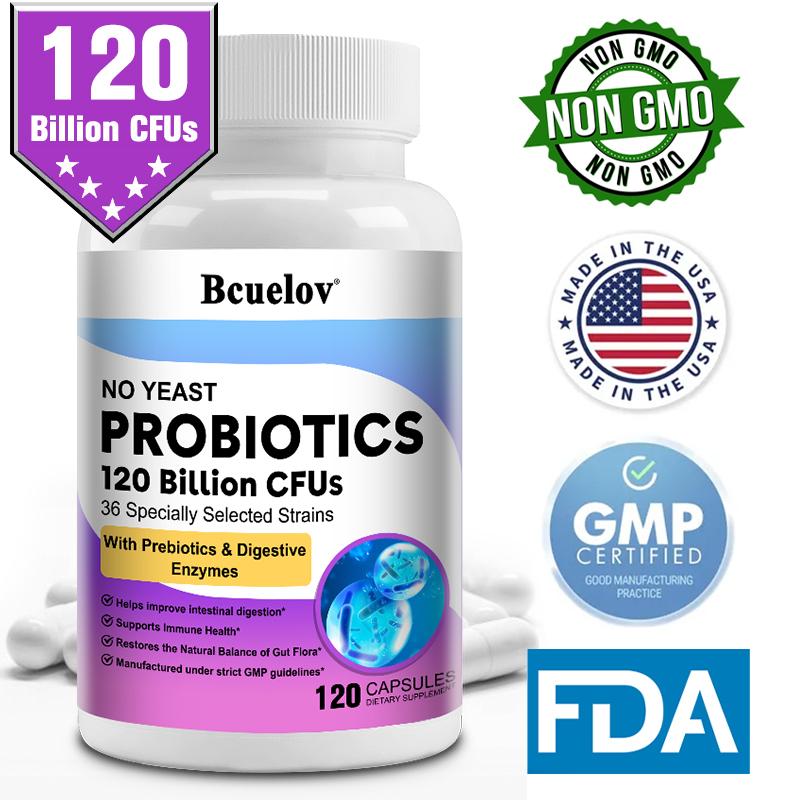 Bcuelov 120 billion probiotic composite capsules contain 36 strains of bacteria and digestive enzymes helping with intestinal digestion and absorption