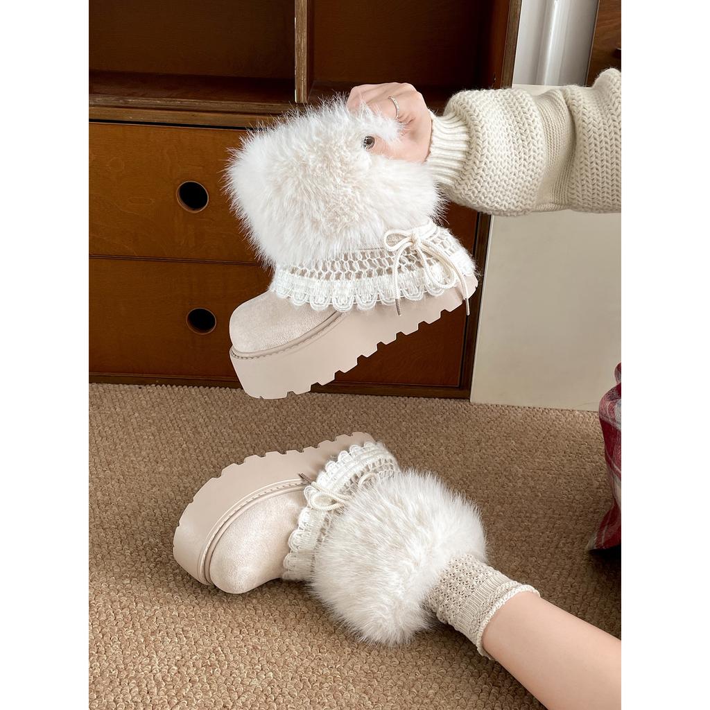 White thick-soled plush thickened fluffy snow boots women's winter warm outer wear non-slip cotton shoes