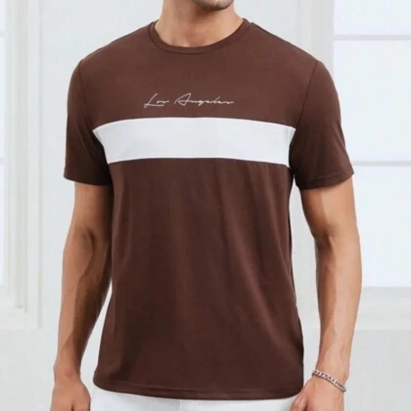 Men Summer New Printed Color Block Short Sleeve Crew Neck T Shirt Casual Contrast Top