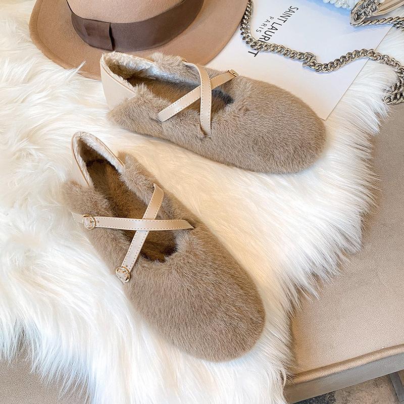 Fashion Elegant Belt Buckle Fur Mocasines Women Rabbit Hair Flats Winter Warm Plush Wool Shoes Ladies Slip On Loafers Furry Ballerinas