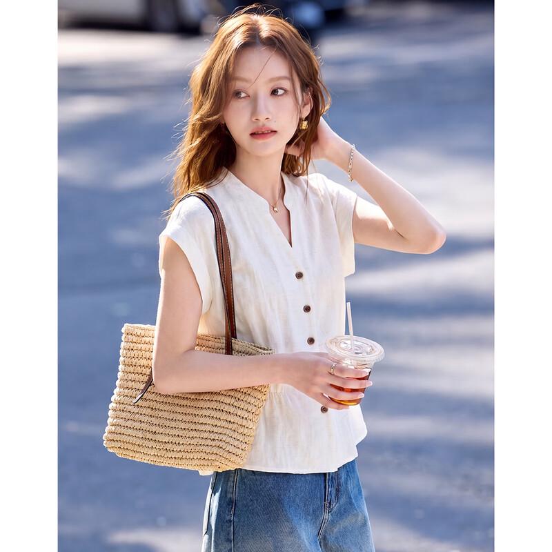 Women's Linen Lyocell Blend Pleated V-Neck Shirt