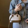 Sweet Mini Bowling Handbag Retro Single Shoulder Bag For Women Color-Block Handheld Vintage Retro Oil Wax Leather Shell Bag