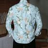 Men Collared Shirt Light Blue White Apricot Floral Leaf Print Long Sleeve Button Down Top