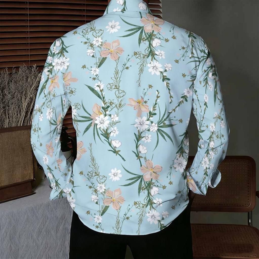 Men Collared Shirt Light Blue White Apricot Floral Leaf Print Long Sleeve Button Down Top