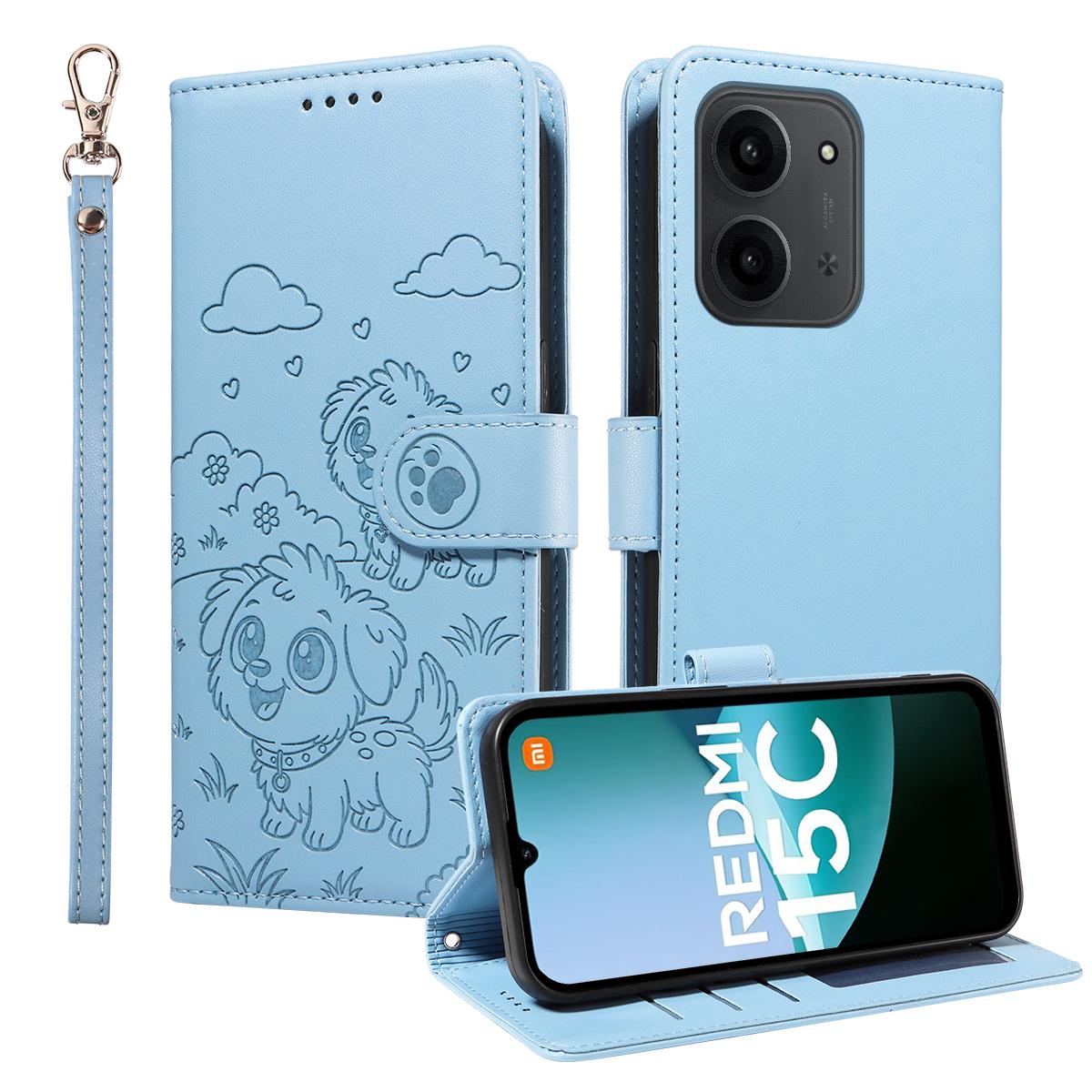 

Для Xiaomi Poco C85 4G/Xiaomi Redmi 15C 4G (171мм) Чохол з RFID-блокуванням, з тисненням у вигляді візерунка собаки, з поліуретанової шкіри, чохол для телефону з ремінцем на зап ястя Blue