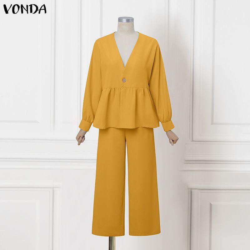 

VONDA Женский костюм-двойка с глубоким V-образным вырезом, блузка с длинным рукавом и брюки, повседневные комплекты 5XL жёлтый