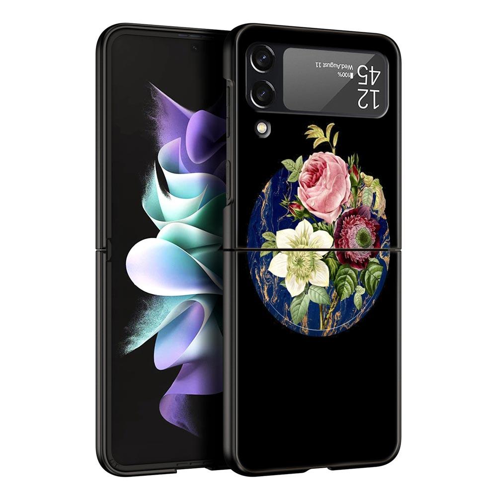 Handyhülle mit Vintage-Blumen-Motiv, botanischer Marmor, für Samsung Galaxy Z Flip 3, 4, 5, schwarze faltbare Handyhülle, harte Schutzhülle