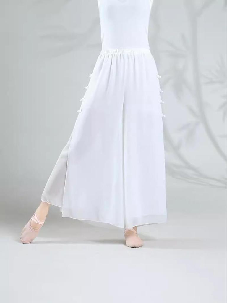 Women's Double Layer White Chiffon Dance Culottes - Wide Leg Flowy Pants for Classical Chinese Dance Practice