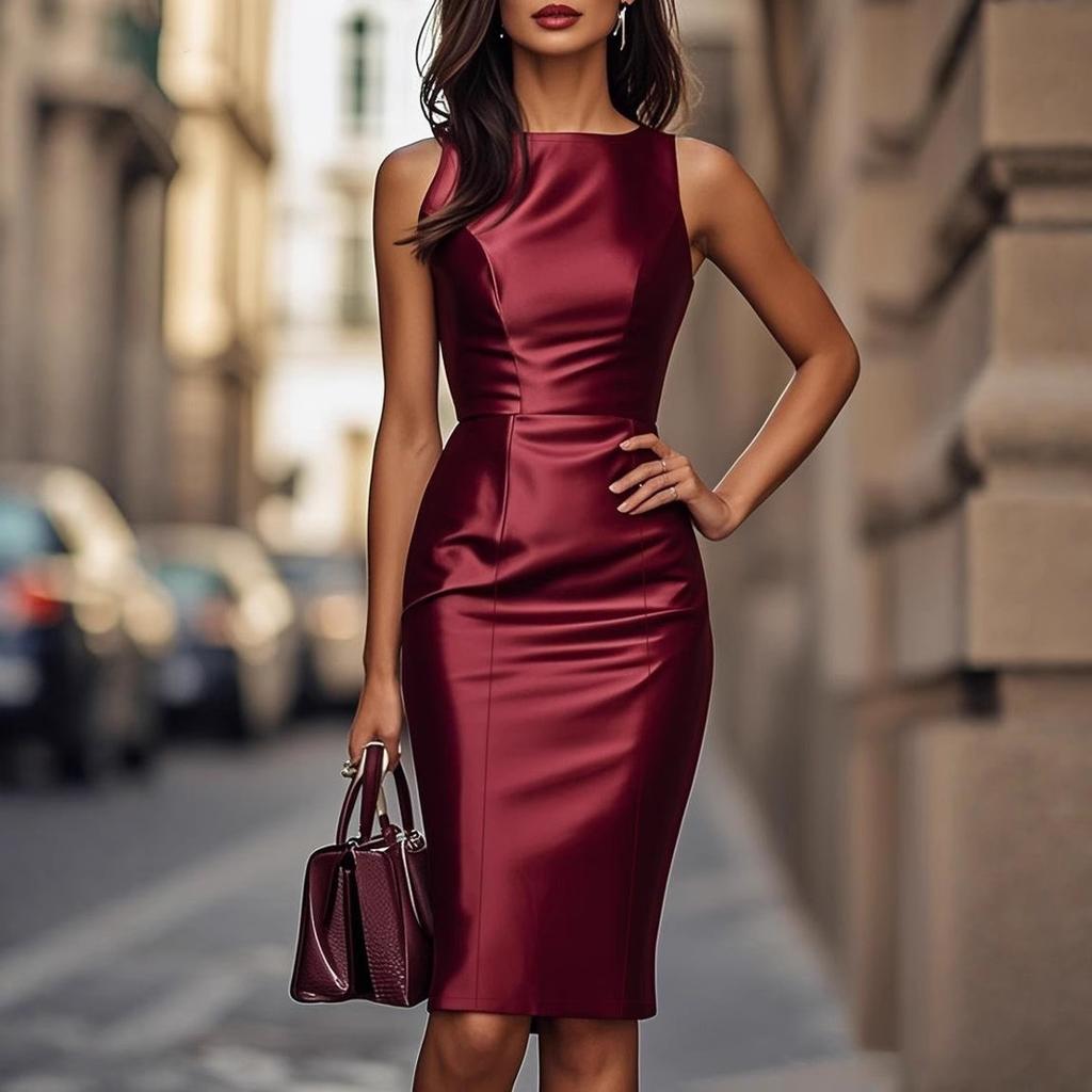 Rochie creion satinată elegantă, fără mâneci, cu decolteu barcă, Rochie midi bodycon slim cu talie înaltă, Ținută formală elegantă pentru birou, petrecere de afaceri, navetă zilnică